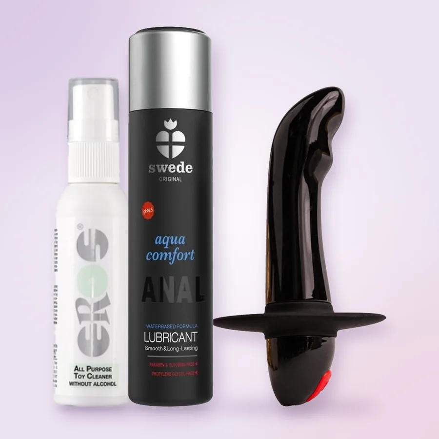 El limpiador Eros, el lubricante Swede Aqua Comfort Anal y el vibrador Rocks-Off Quest
